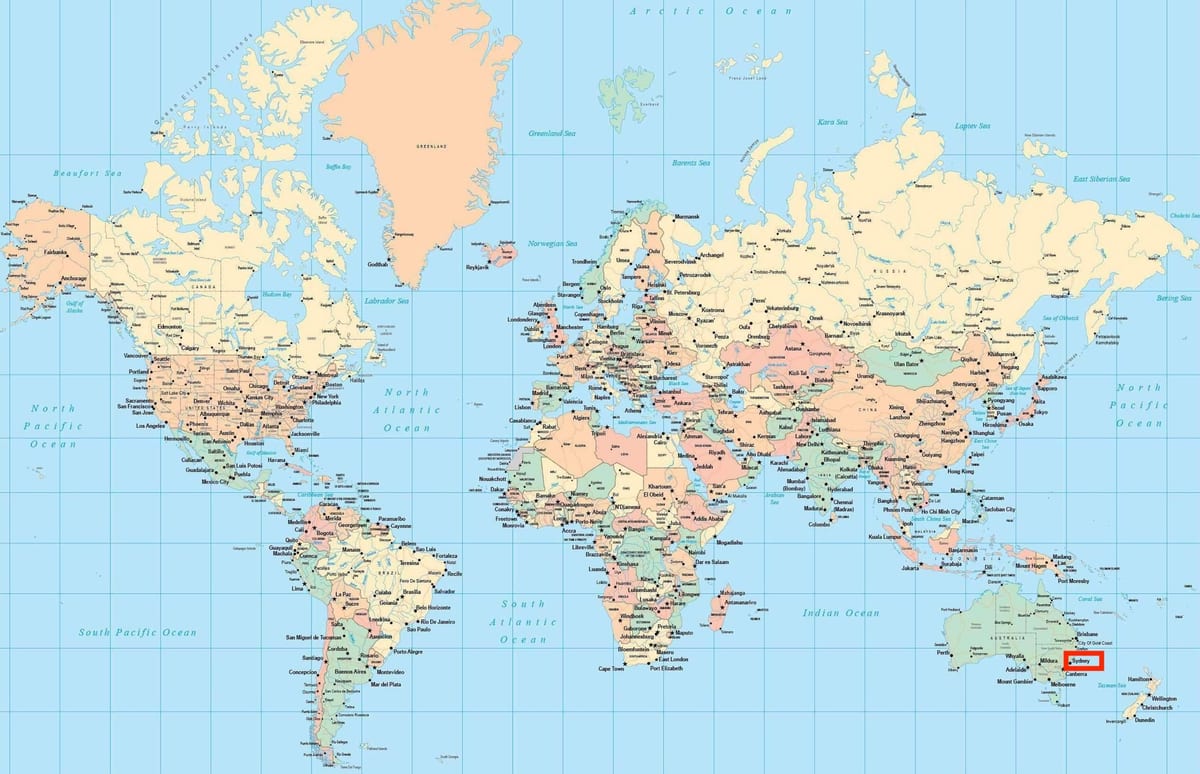 悉尼的世界地图上